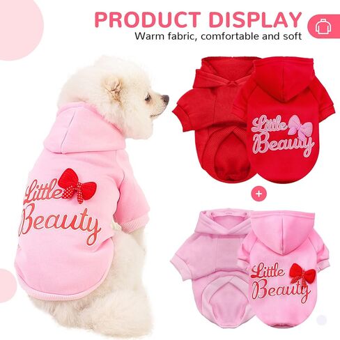 BAEJMJK 2 Pack Dog Hoodie with Hat Bowtie Girl Dog Sweatshirt with Leash Hole Soft Warm Pet Clothes Sweaters Dog Jacket Puppy Coat Doggie Apparel for Fall Winter Small Dogs Cats(Pink+Red,Small) in Saudi Arabia