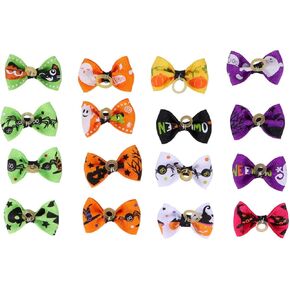 POPETPOP Halloween Dog Hair Bows - 16pcs Dog Small Bowknot Hair Bows with Rubber Bands - Fall Autumn Grooming Bows for Puppy Dog Pet(Random Color)