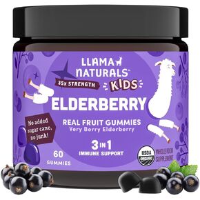 Llama Naturals Real Fruit Sambucus Elderberry Gummies for Kids | No Added Sugar Cane, Vegan, Organic Immune Support | Zinc & Natural Vitamin C | Children Immunity Boost | 60 ct (30 Day Supply)