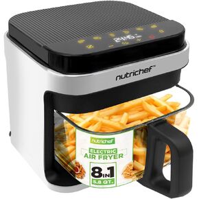 Nutrichef 5.8 Quart Air Fryer | 8-1 Preset Cook Modes | Transparent Fry Bowl for Best Cooking Results | Cook Shrimp, Steak, Fries, Wings, Chicken & More | Precise Temperature Control & Time | White