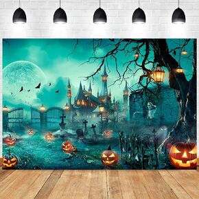 8x6ft Halloween Backdrop Full Moon Scary Night Castle Pumpkins Photography Background Horrible Cemetery Bats Banner Decorations Kids Halloween Party Photo Booth Props
