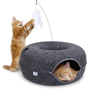 ZAZOO CAT Tunnel, Large Size Peekaboo CAT CAVE with Feather Stick and Playing Holes, Comfy CAT Donut, SCREATCH Resistance & Washable CAT Bed CAVE for Large & MULTIPALE Cats UP to 30LBS.