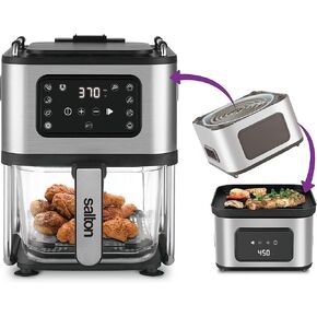 Salton Flip and Cook 2-in-1 Air Fryer & Grill, Automatic Rotating Base Flips for Air Frying & Grilling with Clear Borosilicate Glass Basket for Easy Healthy Frying (AF2090)