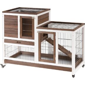 PawHut Wooden Rabbit Hutch Elevated Bunny Cage Indoor Small Animal Habitat with Enclosed Run with Wheels, Ramp, Removable Tray Ideal for Guinea Pigs, Brown