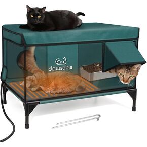Heated Cat House for Outside, Weatherproof Cat House for Outdoor Cats with Awning, Insulated Outdoor Cat House with Heating Pad, Elevated Feral Cat Shelter for Strays in Winter