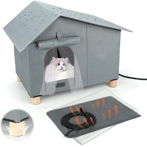 Elevated Heated Outdoor Cat House, Extra-Wide Waterproof Feral Cat Shelters for Indoor Outdoor Cats, Warm and Insulated Outside Heated Cat Bed with Thermostatic Heating Pad for Cold Winter