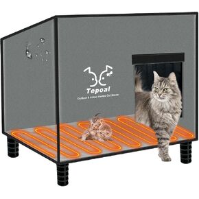 Large Indestructible Heated Cat House for Outside, Extremely Waterproof & Weatherproof Heated Outdoor Cat House for Winter, Fully Insulated Feral Cat Shelter for Outdoor Barn Cats Strays, 20x16x20 in