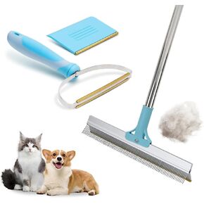 Pet Hair Remover Set, 3Pcs Pet Hair Remover Tool, Dog & Cat Hair Remover Tool, Retractable Carpet Rake for Pet Hair, Carpet Brush for Furniture, Rug, Car Mat, Couch, Pet Bed, Cat Tower (Blue)