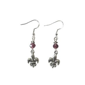 Fleur de Lys or Fleur de Lis Earrings with purple accent beads, great New Orleans jewelry, on sterling silver earwires