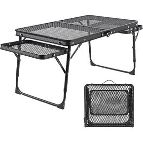 Camping Table Grill Table with Table Extension Board Adjustable Height Folding Tables Mesh Top Portable Grill Table for Outdoor Indoor Beach BBQ Picnic Travel RV Black