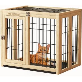 Wooden Folding Pet Cage Puppy Kennel & Cat Cage with Flippable Roof and Removable Tray, Indoor Dog Crate Furniture, Easy Assemble Easy Storing (M)