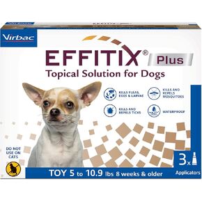 Effitix Plus Topical Solution for Dogs - Flea and Tick for Toy Dogs (5-10.9lbs), 3 Doses, Waterproof Topical Prevention (by Virbac)