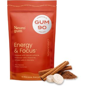 NeuroGum علكة طاقة بنكهة القرفة منشط الذهن | كافيين + إل-ثيانين + فيتامينات ب | خالي من السكر + خالي من الغلوتين + غير معدل وراثيًا + نباتي | نكهة القرفة (90 كيسًا ضخمًا) in Kuwait