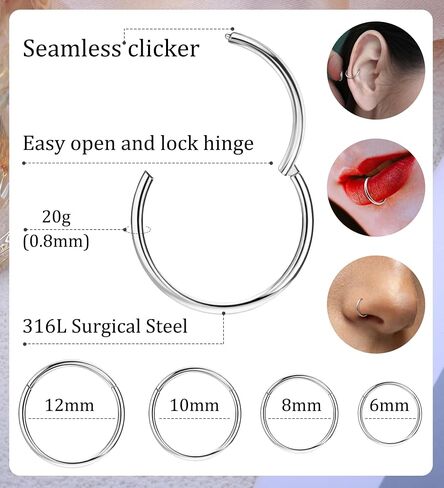 4Pcs Hinged Nose Rings Hoop 16G 18G 20G Nose Rings Hoops for Women 316L Surgical Steel Hinged Clicker Segment Nose Rings Stainless Steel Cartilage Tragus Earrings Piercing Jewelry Gold 18G in Saudi Arabia