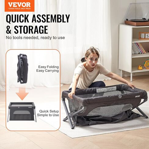 VEVOR Baby Travel Crib and Play Yard, Folding Baby Playpen with Soft Mattress Pad, Portable Toddlers Crib with Breathable Mesh and Travel Bag, Indoor/Outdoor Kid Activity Center for 0-36 Months Babies in Saudi Arabia