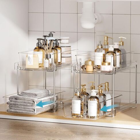 منظم تخزين الحمام بطبقتين، Vtopmart 4 عبوات شفافة تحت المغسلة، حاوية تخزين مضادة للغرور، صناديق أدراج خزانة الأدوية، منظمة قابلة للسحب مع مسار لمخزن المؤن، المطبخ in Saudi Arabia