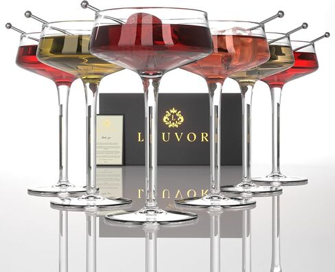Champagne Coupe Glasses Set of 6-8oz Hand Blown Crystal Martini Glasses with 6 Stainless Steel Cocktail Picks - Versatile Tall Cocktail Glasses & Vintage Cocktail Glasses for Martini & More in Saudi Arabia