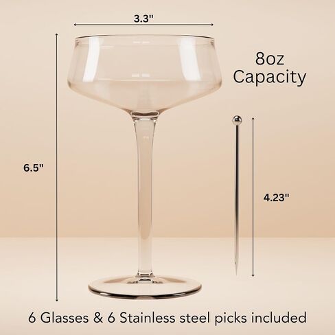 Champagne Coupe Glasses Set of 6-8oz Hand Blown Crystal Martini Glasses with 6 Stainless Steel Cocktail Picks - Versatile Tall Cocktail Glasses & Vintage Cocktail Glasses for Martini & More in Saudi Arabia