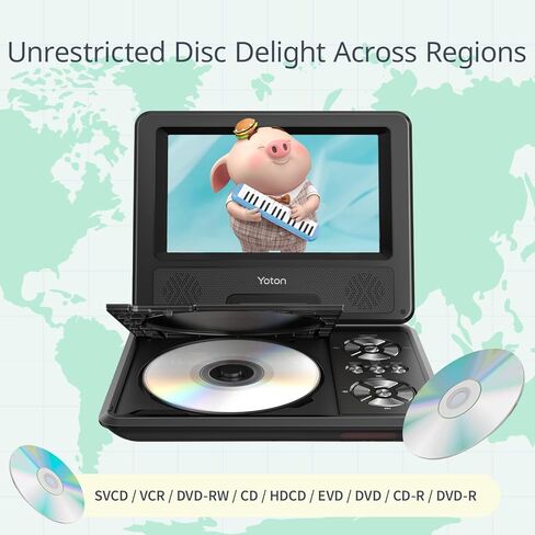 مشغل DVD محمول YOTON مقاس 9.5 بوصة مع شاشة دوارة عالية الدقة مقاس 7.5 بوصة للسيارة والأطفال، وقت عمل من 4 إلى 6 ساعات مع بطارية مدمجة، يدعم سماعة الرأس/AV-IN/AV-OUT/USB/بطاقة SD [لا يدعم Blu -راي]، YD075 in Kuwait