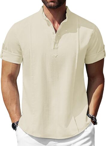 COOFANDY Men's Linen Henley Shirts Short Sleeve Casual Banded Collar Shirt Summer Beach Hippie T Shirts in Saudi Arabia