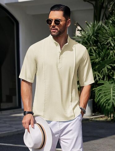 COOFANDY Men's Linen Henley Shirts Short Sleeve Casual Banded Collar Shirt Summer Beach Hippie T Shirts in Saudi Arabia