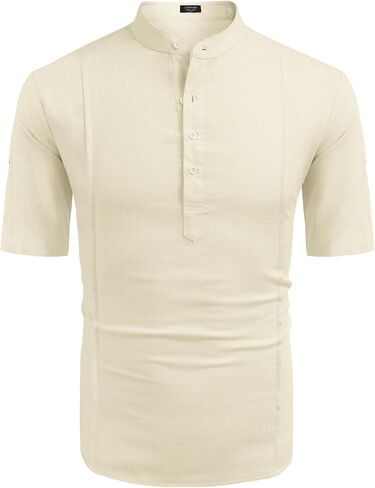 COOFANDY Men's Linen Henley Shirts Short Sleeve Casual Banded Collar Shirt Summer Beach Hippie T Shirts in Saudi Arabia