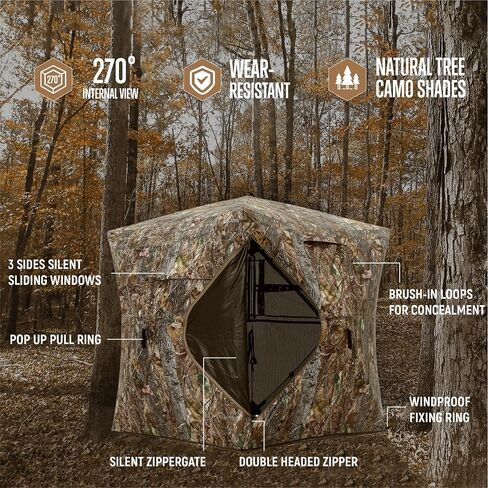 BLAUSE Hunting Blind, 270 See Through Ground Blind with Portable Carrying Bag, 2-3 Persons Camouflage Pop Up Blinds for Deer & Turkey Hunting, Noise-Free Slide Windows for Easy Observation in Saudi Arabia