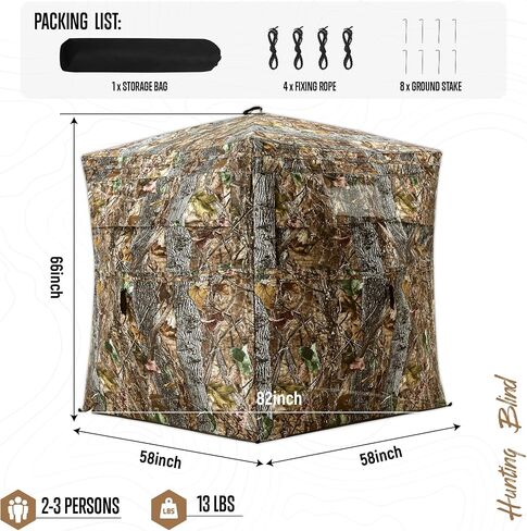 BLAUSE Hunting Blind, 270 See Through Ground Blind with Portable Carrying Bag, 2-3 Persons Camouflage Pop Up Blinds for Deer & Turkey Hunting, Noise-Free Slide Windows for Easy Observation in Saudi Arabia