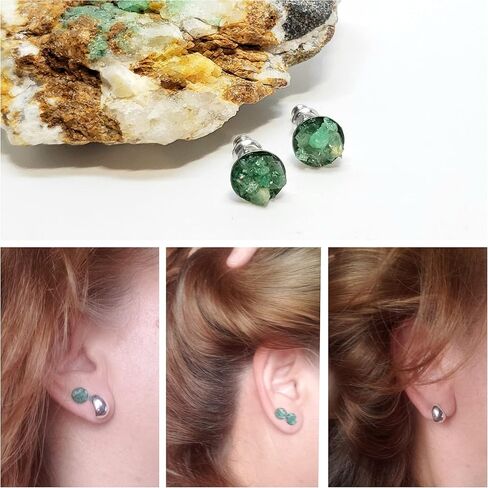 مجموعة الأقراط من D'Mundo Accesorios. حلق من الفولاذ مصنوع من الزمرد الكولومبي الخام، وأقراط دائرية مطلية بالفضة. هدية لها. مجموعة أقراط ثنائية. in Saudi Arabia