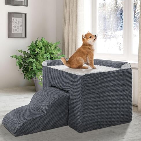 HOMBYS Foam Dog Window Perch, Orthopaedic Dog Bunk Bed with Dog Stairs, Raised Pet Bunk Bed Do Not Hurt Dog for Joint Protect, 2 Parts Easy to Assemble, Pet Perch to Look Out Window, Soft & Supportive in Saudi Arabia