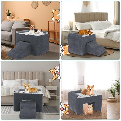 HOMBYS Foam Dog Window Perch, Orthopaedic Dog Bunk Bed with Dog Stairs, Raised Pet Bunk Bed Do Not Hurt Dog for Joint Protect, 2 Parts Easy to Assemble, Pet Perch to Look Out Window, Soft & Supportive in Saudi Arabia