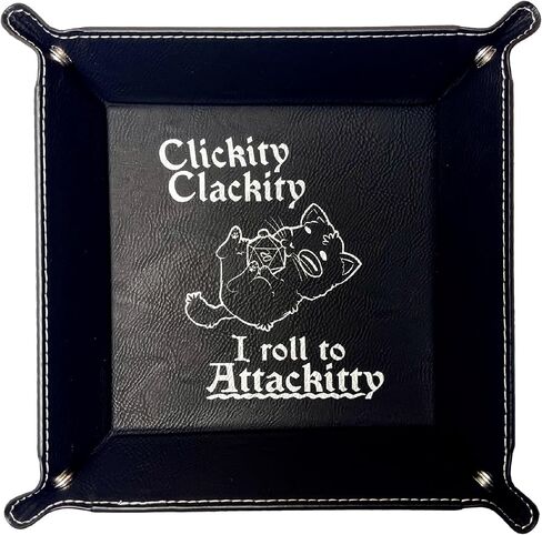 Clickity Clackity Attackitty Cat Dice Tray DnD, Vegan Leather, Gift, Made by LaserTavern (Black/Silver) in Saudi Arabia