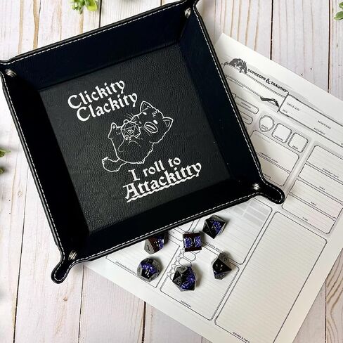 Clickity Clackity Attackitty Cat Dice Tray DnD, Vegan Leather, Gift, Made by LaserTavern (Black/Silver) in Saudi Arabia