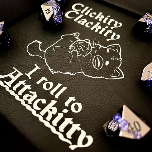 Clickity Clackity Attackitty Cat Dice Tray DnD, Vegan Leather, Gift, Made by LaserTavern (Black/Silver) in Saudi Arabia