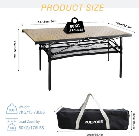 Large Folding Camping Table Aluminum with Storage for 4-6 People 55"X27.5" Roll Up Tall Outdoor Portable Table Lightweight with Carry Bag for Picnic BBQ Backyard Beach in Kuwait
