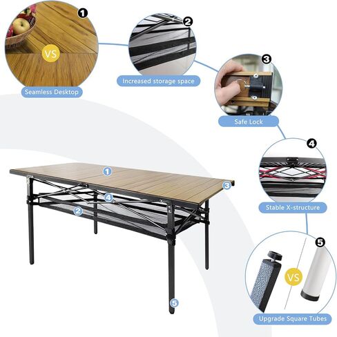 Large Folding Camping Table Aluminum with Storage for 4-6 People 55"X27.5" Roll Up Tall Outdoor Portable Table Lightweight with Carry Bag for Picnic BBQ Backyard Beach in Kuwait