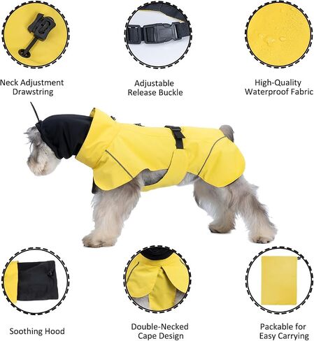 Dog Raincoat, Waterproof Dog Rain Jacket with Calming Hood, Adjustable Lightweight Dog Rain Coat with Zipper Leash Hole and Reflective Strip for Small Medium Dogs Puppies(Yellow, XL) in Saudi Arabia