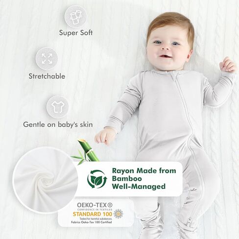 HAPIU Rayon from Bamboo Baby Pajamas Sleepers Footies, 2 Way Sturdy Zipper | Ultra Soft & Breathable for Sensitive Skin, Stretchy, with Mittens, Easy Diaper Changes, Baby Girls Boys, Newborn -24 Months in Saudi Arabia