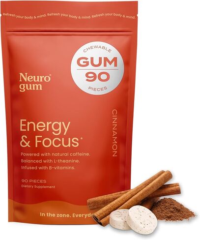 NeuroGum علكة طاقة بنكهة القرفة منشط الذهن | كافيين + إل-ثيانين + فيتامينات ب | خالي من السكر + خالي من الغلوتين + غير معدل وراثيًا + نباتي | نكهة القرفة (90 كيسًا ضخمًا) in Kuwait