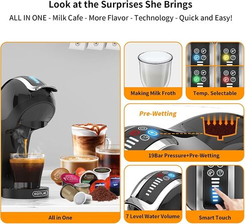 KOTLIE 5in1 19Bar Multicapsule Espresso Coffee Machine, Cold&Hot Brewing Single-Serve Coffee Maker, Cappuccino&Latte Maker for Kcup/Dolce Gusto/Nespresso Original/GroundCoffee/44mm ESE EM-308A/Black in Saudi Arabia