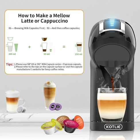 KOTLIE 5in1 19Bar Multicapsule Espresso Coffee Machine, Cold&Hot Brewing Single-Serve Coffee Maker, Cappuccino&Latte Maker for Kcup/Dolce Gusto/Nespresso Original/GroundCoffee/44mm ESE EM-308A/Black in Saudi Arabia