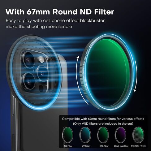 REYGEAK Variable ND2-32 Filter (1-5 Stop) for iPhone Lens,67mm Adjustable Camera ND Filter,HD Neutral Density Lens Filter,Magnetic Phone Clip with 6.7inch for iPhone Pro Max 15/14/13. in Kuwait