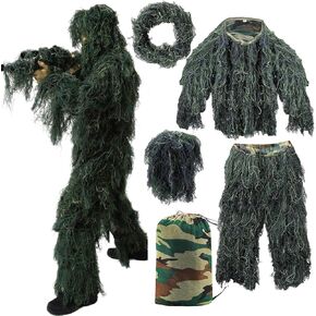 5 in 1 Ghillie Suit, 3D Camouflage Hunting Apparel for Men/Youth/Kid Including Jacket, Pants, Hood, Carry Bag