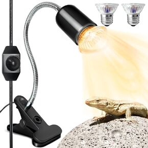 Reptile Heat Lamp, UVA/UVB Reptile Light with 2 Heat Bulbs E27, 360° Rotatable Clip and Dimmable Switch Heat Lamp for Lizard Turtle Snake Aquarium Aquatic Plants