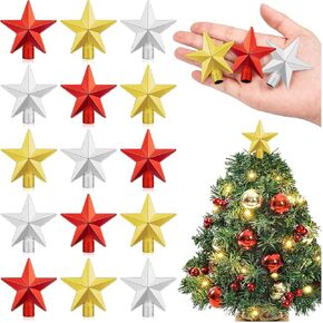 15Pcs Small Christmas Tree Topper, Mini Tree Topper Stars, 2.36 Inch Christmas Red Gold Silver Star Treetop for Xmas Holiday Tree Ornament Home Decor ﻿