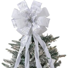 Christmas Tree Topper Bow Flower, Glitter Mesh Ribbon Patterns and Cute Flower Design, 50 X 12 Inch Christmas Handmade Bow for Home, Wedding, Birthday Party, Indoor Outdoor Holiday Decor (Sliver)