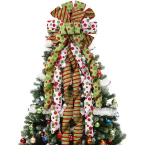 Christmas Tree Topper Wreath Bow 45"x12" Handmade Large Green Christmas Bow Topper, Red Green Glitter Dot Bow Ribbons for Xmas Ornaments Party Holiday Home Wedding Indoor Decoration