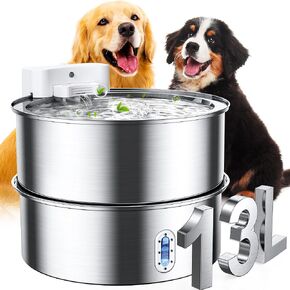 Dog Water Fountain for Large Dog, 7-13L/1.8-3.4Gal Stainless Steel Pet Water Fountain, Automatic Filtered Dog Water Bowl Dispenser with Filter, Quiet Pump, BPA Free, for Cats & Dogs Muti-pet Home