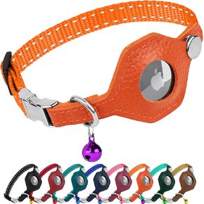 Leather AirTag Cat Collar with Metal Buckle - Reflective Non Breakaway Cat Collars with Apple AirTag Holder and Bell - GPS Tracking Pet Collars for Boy Girl Small Dogs Kitten Puppy (Gold)