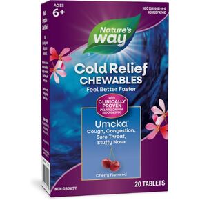 Nature's Way Umcka ColdCare Homeopathic, Shortens Colds, Sore Throat, Cough, and Congestion, Phenylephrine Free, Non-Drowsy, Cherry Flavored, 20 Chewable Tablets